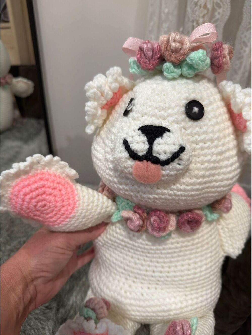 Handmade Crochet White Bear Plush with Pink Accents and Floral Details - Picture 2 of 3